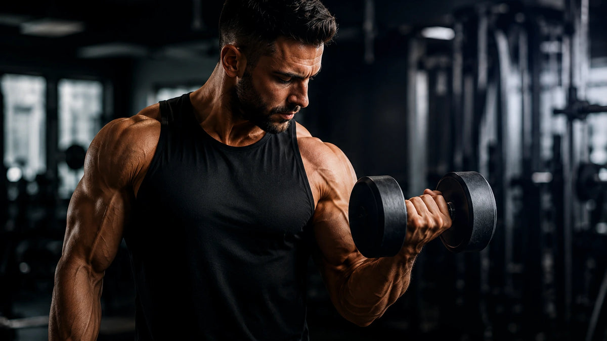 Symbolbild, KI-generiert – Kurzhantel-Curl im Gym
