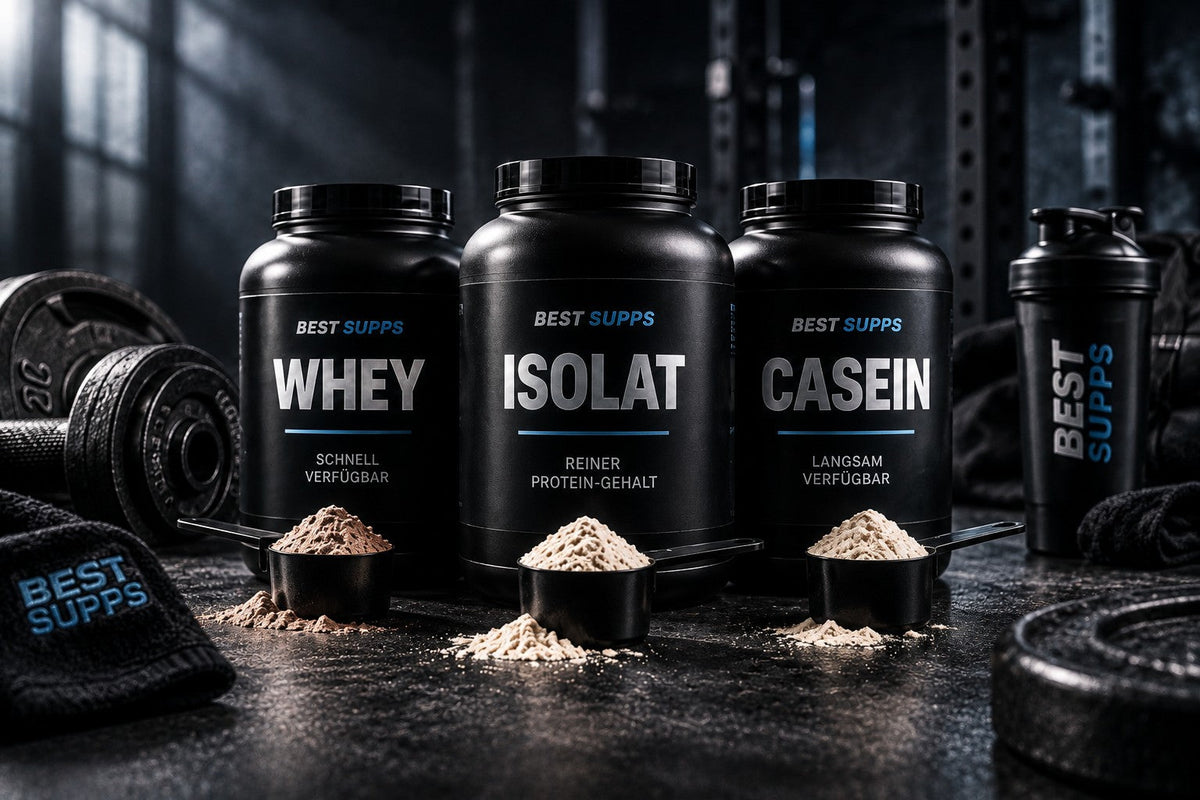 Whey Protein, Isolat und Casein Dosen mit Pulver-Scoops im Vergleich